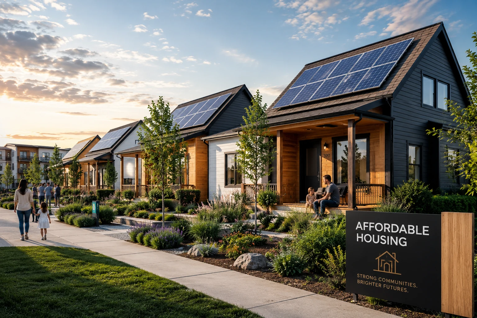 Modern affordable housing community with landscaped homes and rooftop solar panels