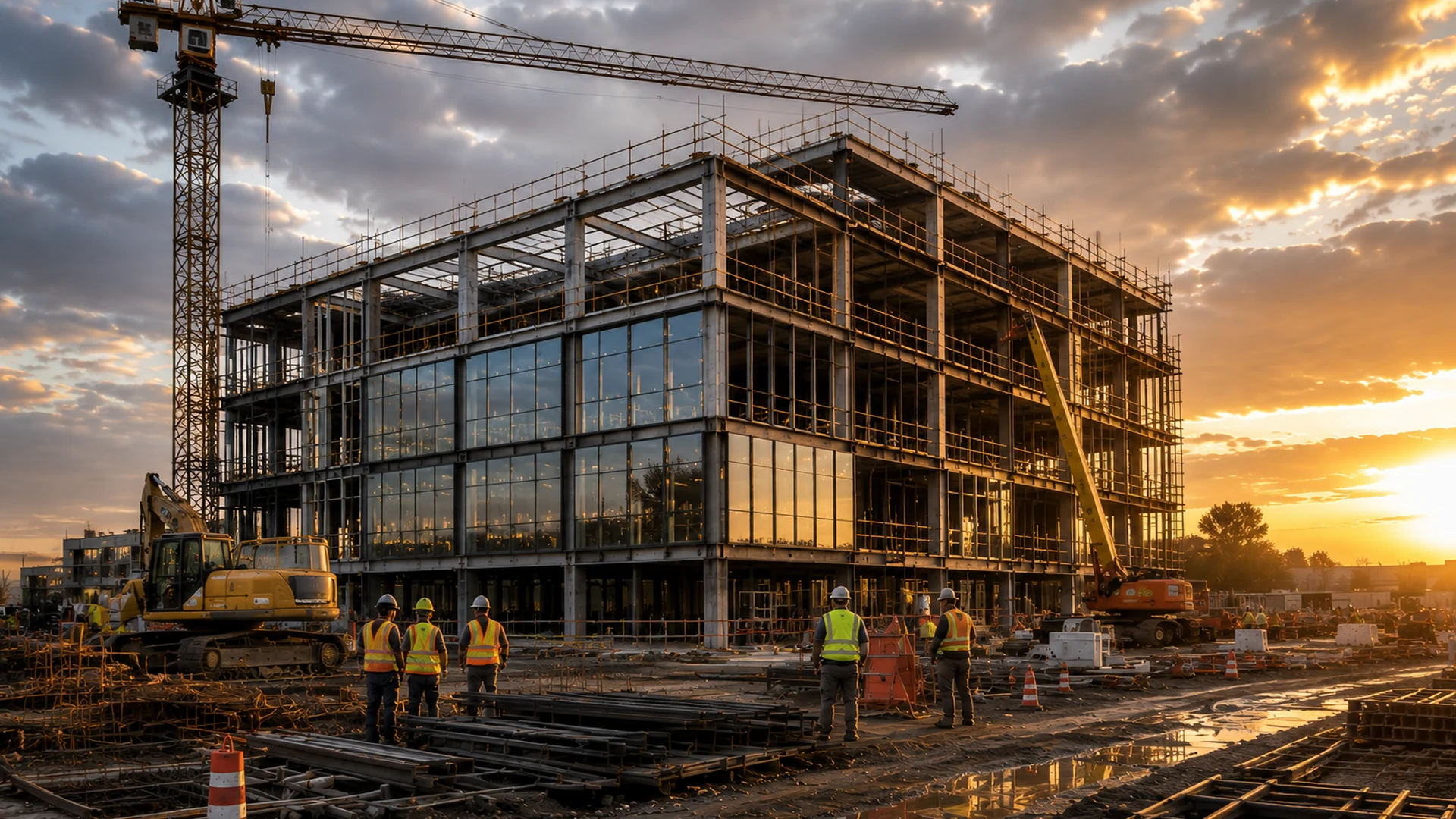 Modern commercial building under construction with steel framing, cranes and construction crews.