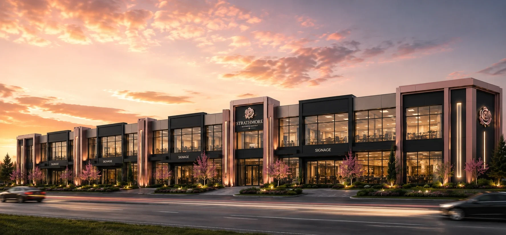 Street-facing rendering of the Strathmore Business Centre entrance, storefront glazing, and landscaped boulevard